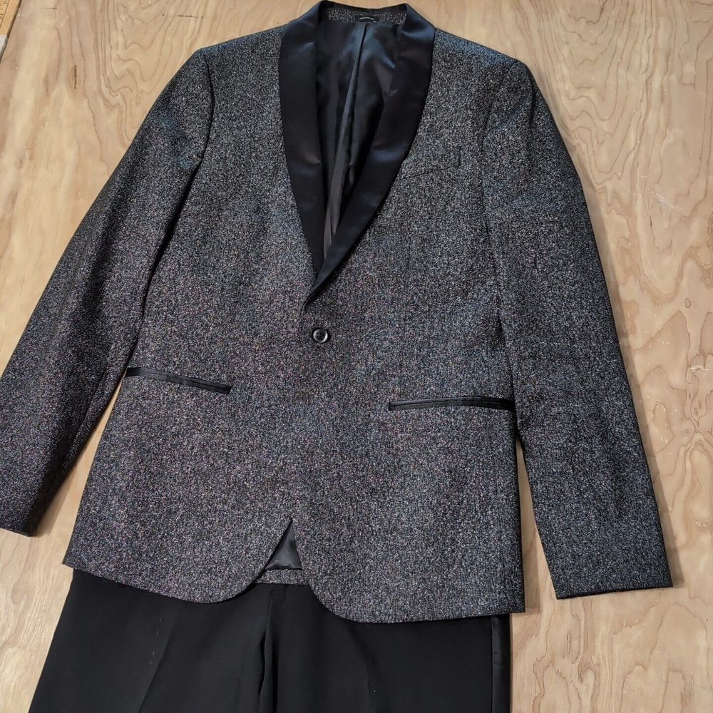J‎ Ferrar Sparkly Tuxedo Suit + Pants Black Silver Slim Glitter See Measurements